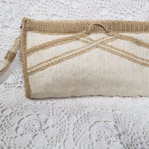 Vintage Cream Carpet Bag Brand Clutch w/ Wristband
